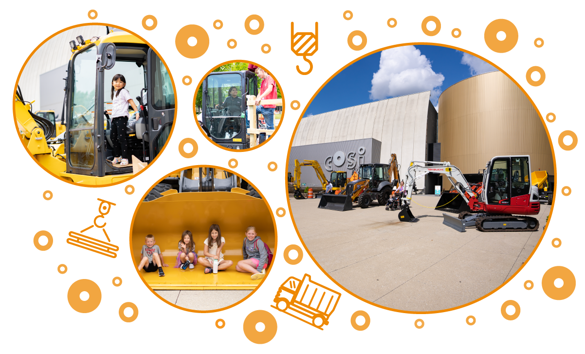 Icons of construction equipment and dots. Images of children and adults exploring the construction machines outside of COSI. 