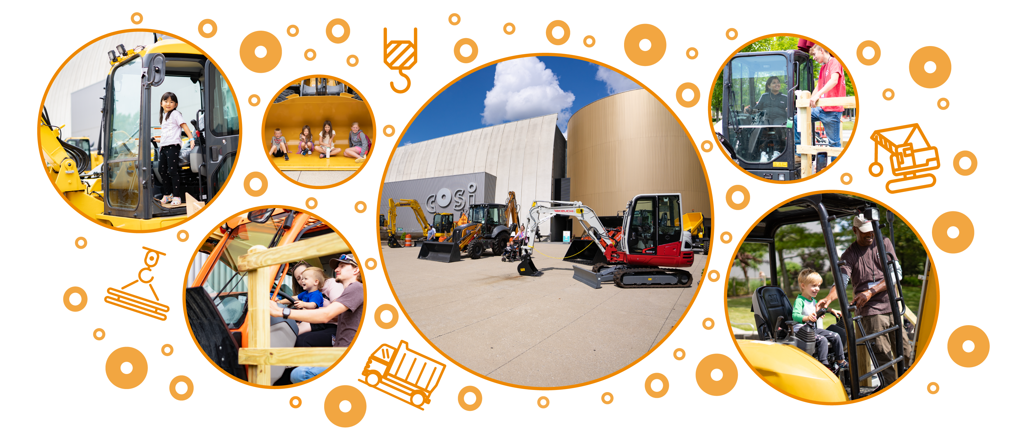 Icons of construction equipment and dots. Images of children and adults exploring the construction machines outside of COSI. 