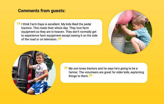 Graphic Bubbles with quotes in them. Photo bubbles showing a child on a tractor and a child milking a fake cow.